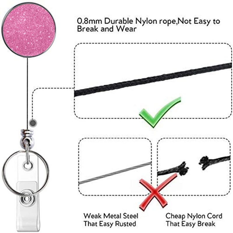 Boutilon Retractable Badge Holder, Retractable Badge Reels,Lightweight Plastic Badge Reel Card Holder with Key Ring Backing Belt Clip for Nurse,Volunteer,Teacher,Student(Glitter Pink Silver 2pack) - Image 2